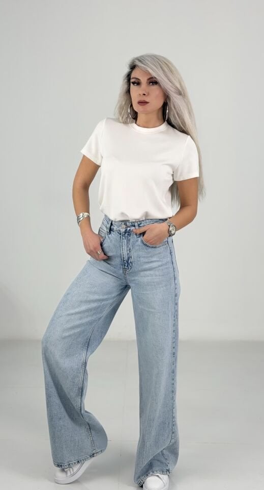 Buz Mavi Yüksek Bel Bol Paça Palazzo Jean