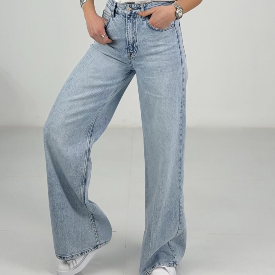 Buz Mavi Yüksek Bel Bol Paça Palazzo Jean