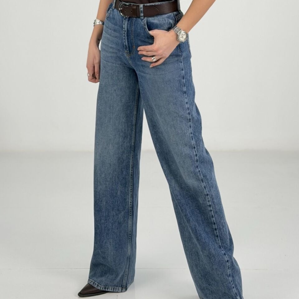 Mavi Yıkamalı Yüksek Bel Palazzo Jean