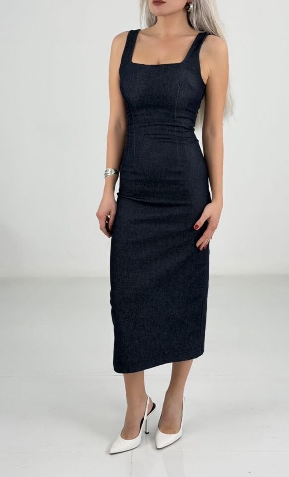 Lacivert Kare Yaka Kolsuz İnce Denim Likralı Midi Elbise