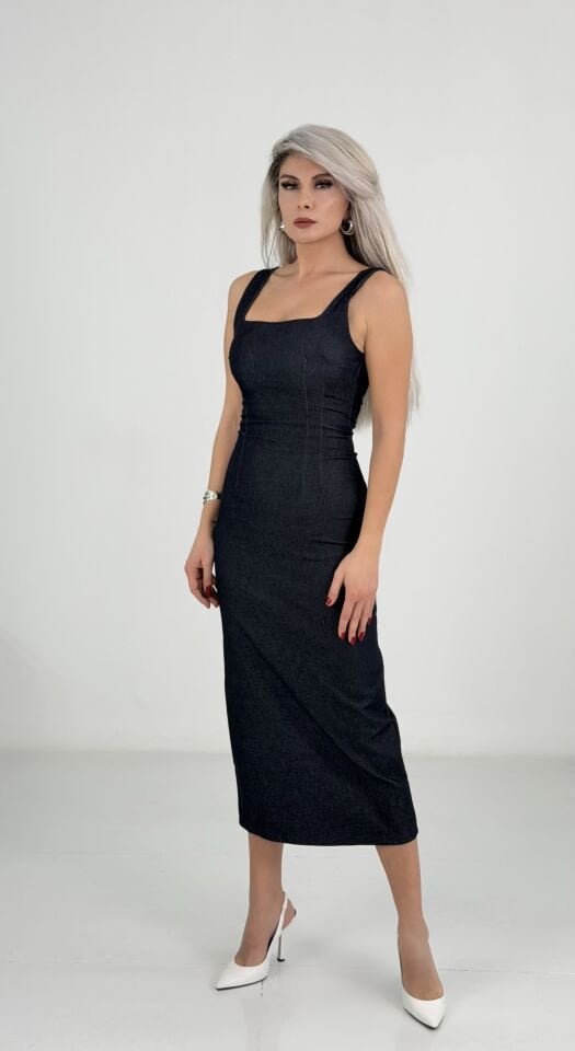 Lacivert Kare Yaka Kolsuz İnce Denim Likralı Midi Elbise