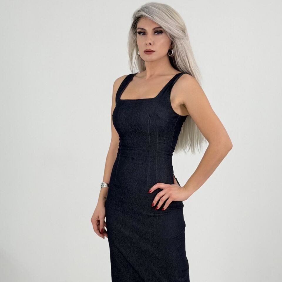 Lacivert Kare Yaka Kolsuz İnce Denim Likralı Midi Elbise