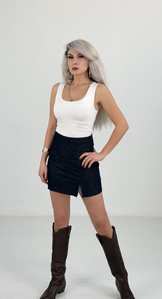 Lacivert Likralı Denim Şort Etek