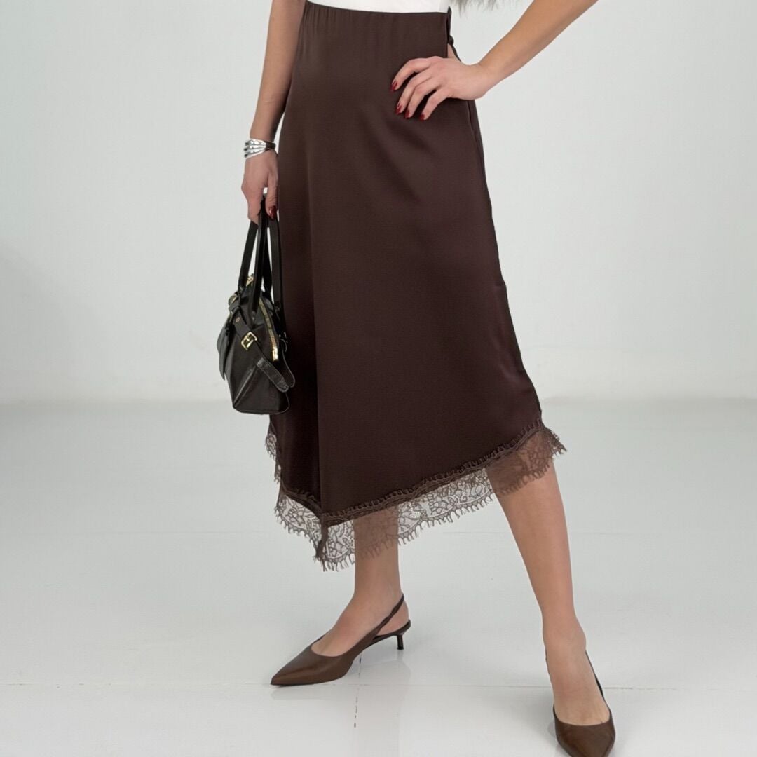 Kahverengi Dantel Detay Saten Midi Etek