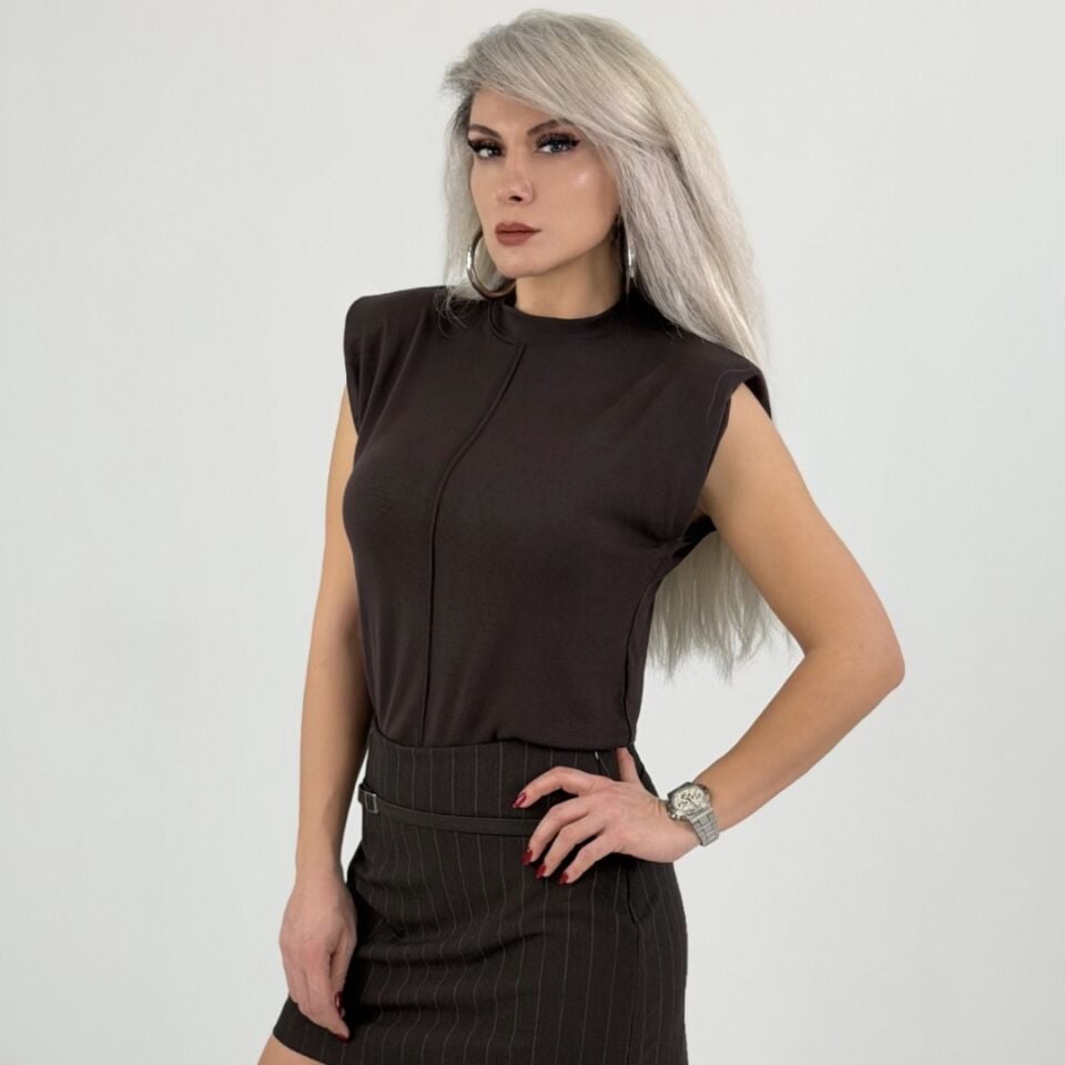 Kahverengi Bisiklet Yaka Oysh Kumaş Vatkalı Kolsuz Bluz