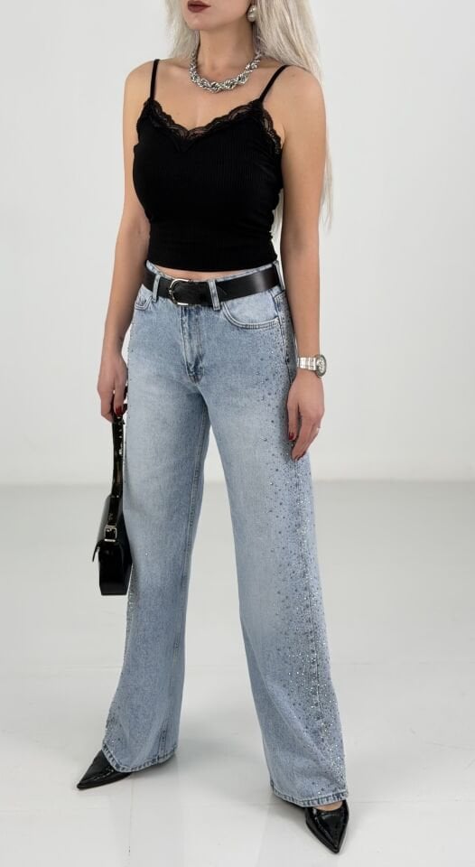 Buz Mavi Yanlar Taş Detaylı Wide Leg Jean