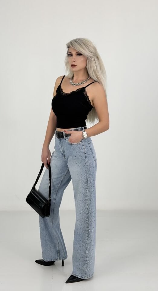 Buz Mavi Yanlar Taş Detaylı Wide Leg Jean
