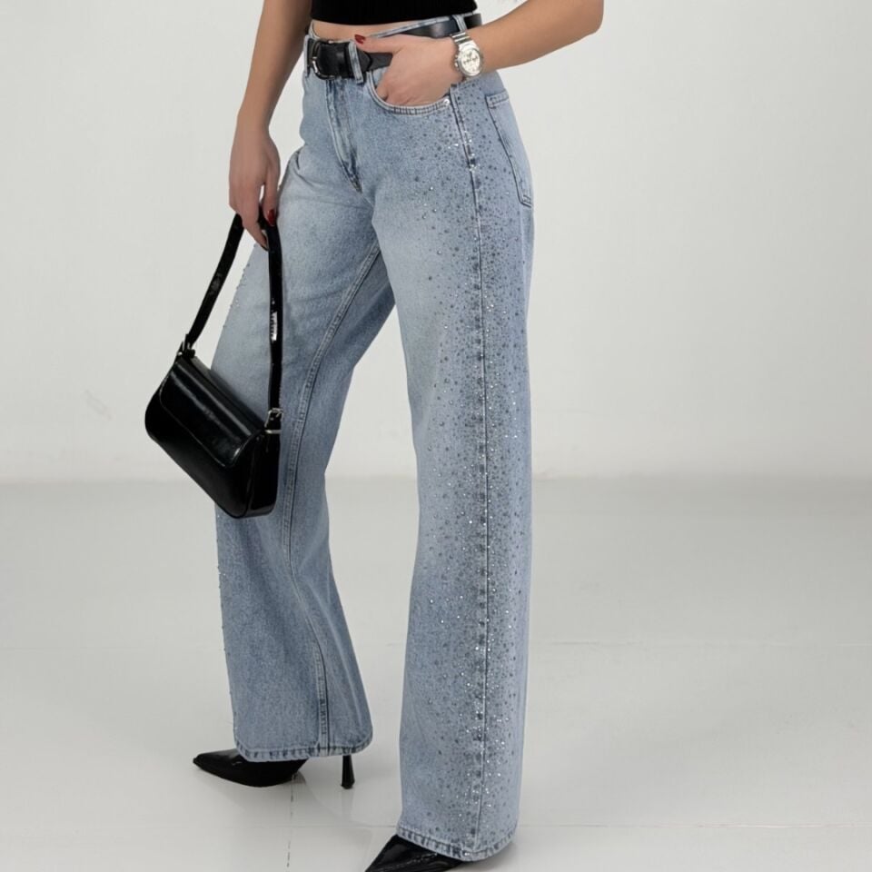 Buz Mavi Yanlar Taş Detaylı Wide Leg Jean
