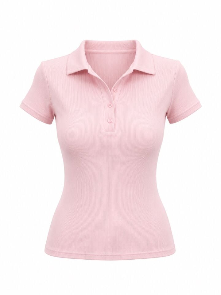 Pembe Fitilli Polo Yaka Kısa Kollu Bluz