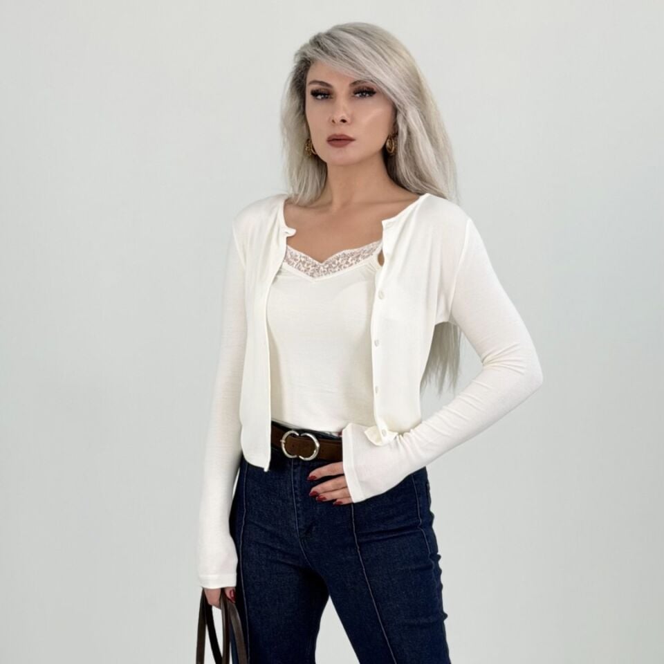 Beyaz Dantel Askılı Atlet Hırka Bluz