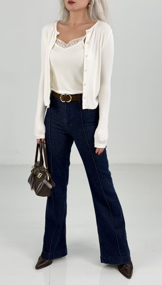 Lacivert Kemerli Yüksek Bel İspanyol Paça Jean