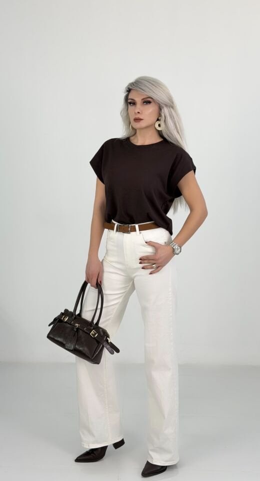 Krem Kemerli Yüksek Bel Wide Leg Jean