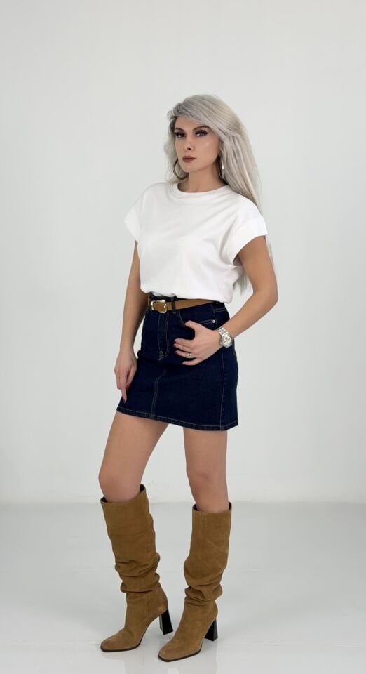 Lacivert Kemerli Mini Kot Etek