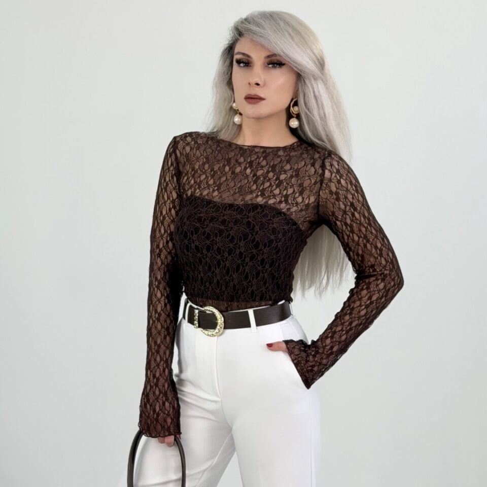 Kahverengi Dantel Uzun Kollu Bluz