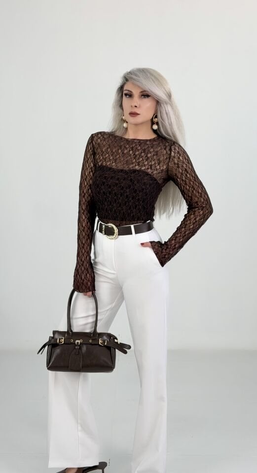 Beyaz Gold Kemerli Likralı Yüksek Bel İspanyol Pantolon