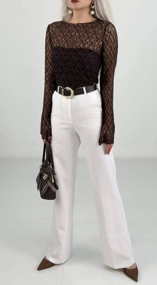 Beyaz Gold Kemerli Likralı Yüksek Bel İspanyol Pantolon