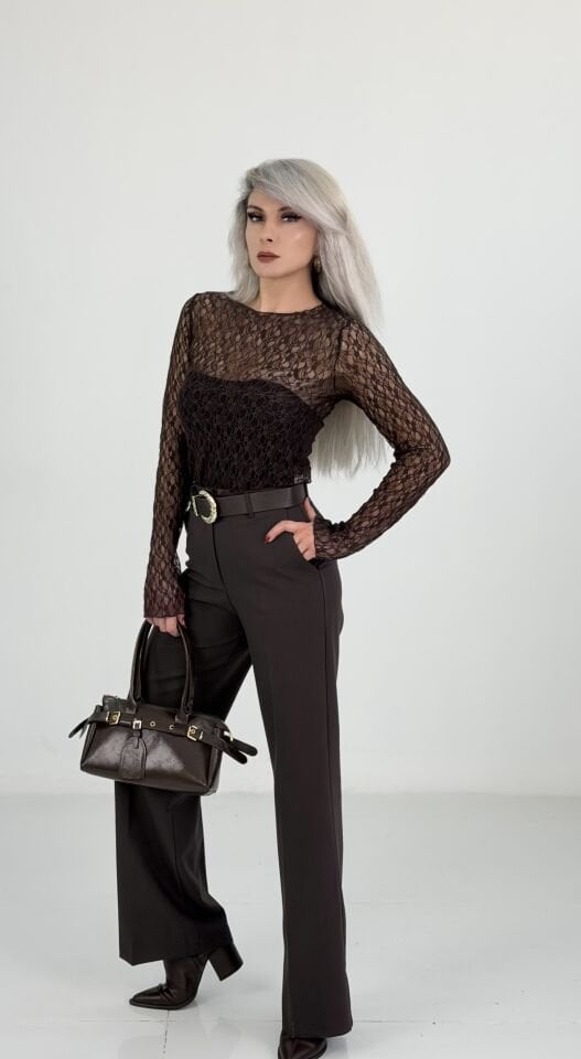 Kahverengi Gold Kemerli Yüksek Bel İspanyol Pantolon