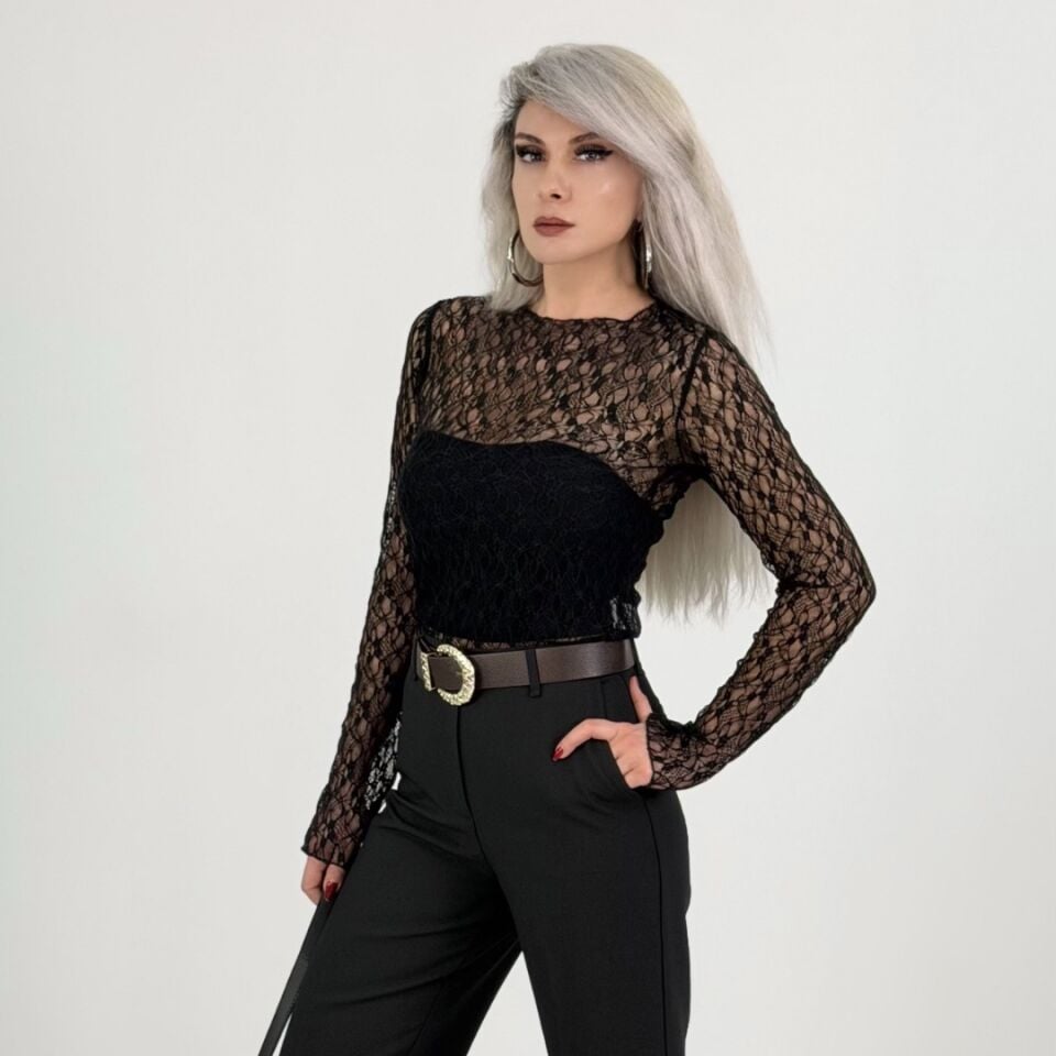 Siyah Dantel Uzun Kollu Bluz