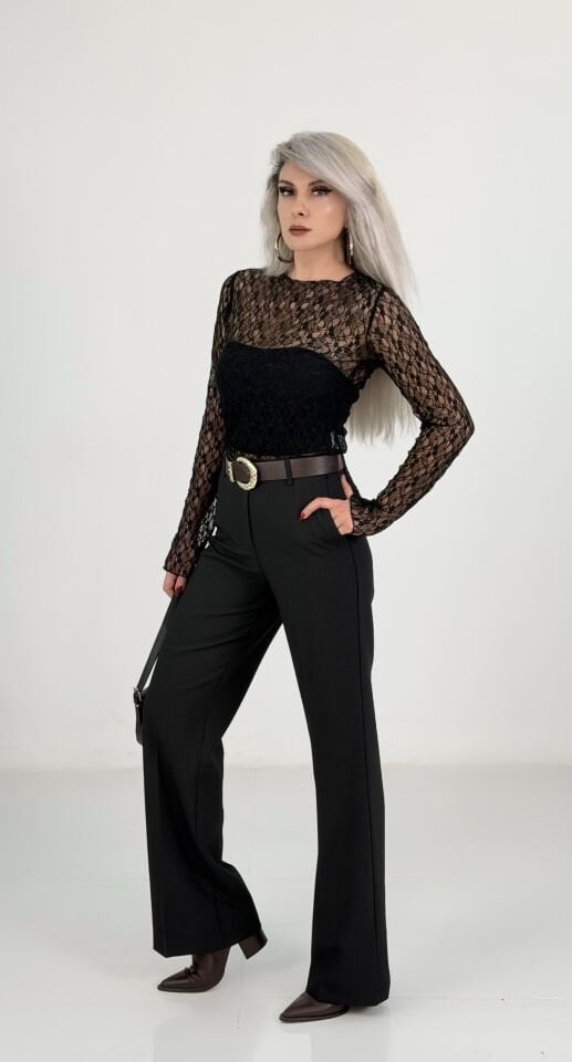 Siyah Gold Kemerli Yüksek Bel İspanyol Pantolon