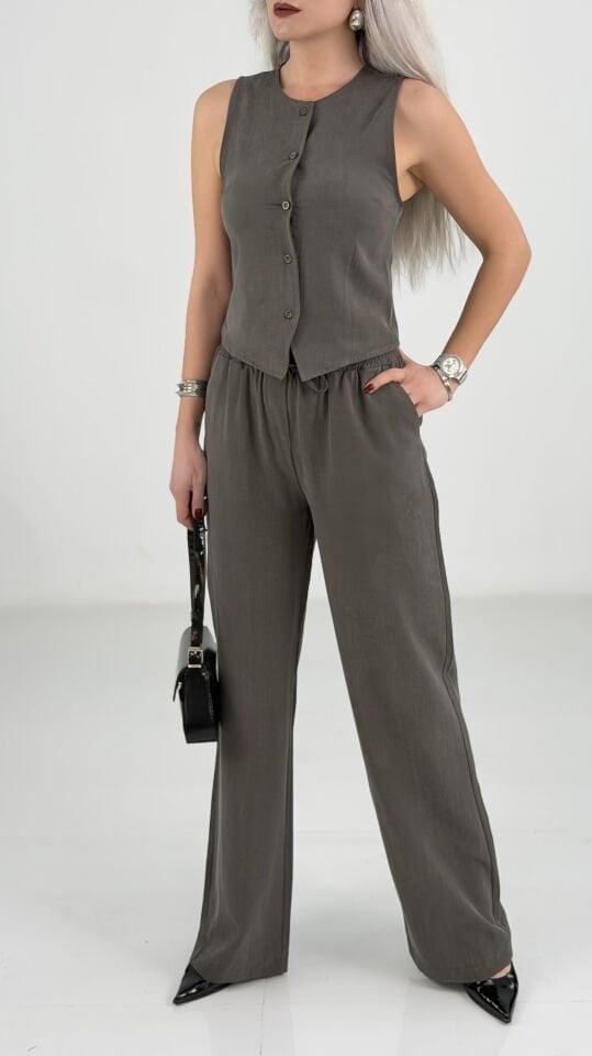 Haki Düğmeli Yelekli Viskon Kumaş Pantolon Takım