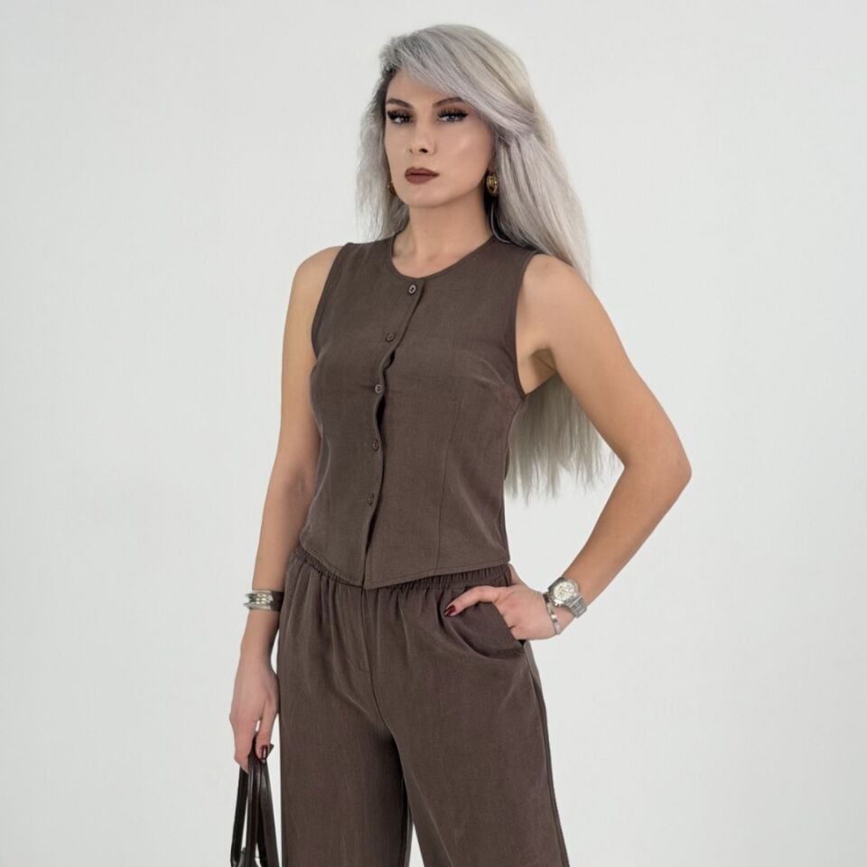 Kahve Düğmeli Yelekli Viskon Kumaş Pantolon Takım