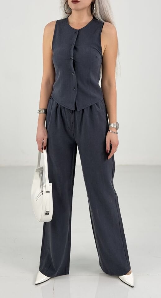 Lacivert Düğmeli Yelekli Viskon Kumaş Pantolon Takım