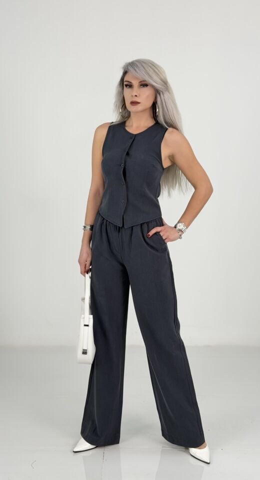 Lacivert Düğmeli Yelekli Viskon Kumaş Pantolon Takım