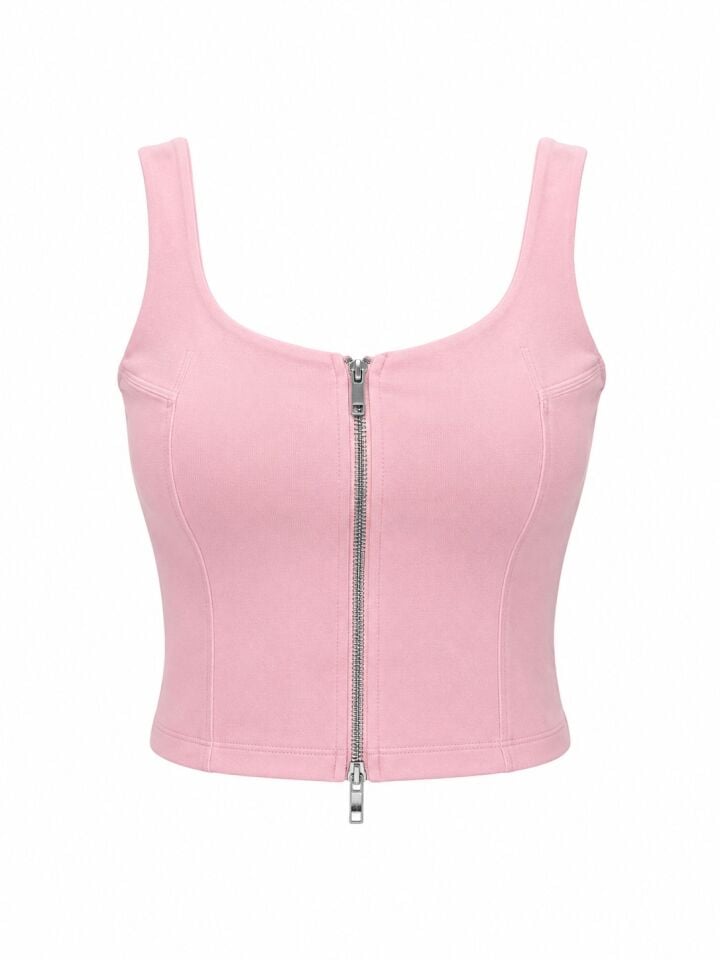 Pembe Önü Fermuarlı Crop Büstiyer