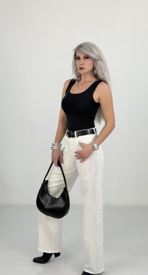 Krem Taş Detaylı Yüksek Bel Wide Leg Jean Pantolon