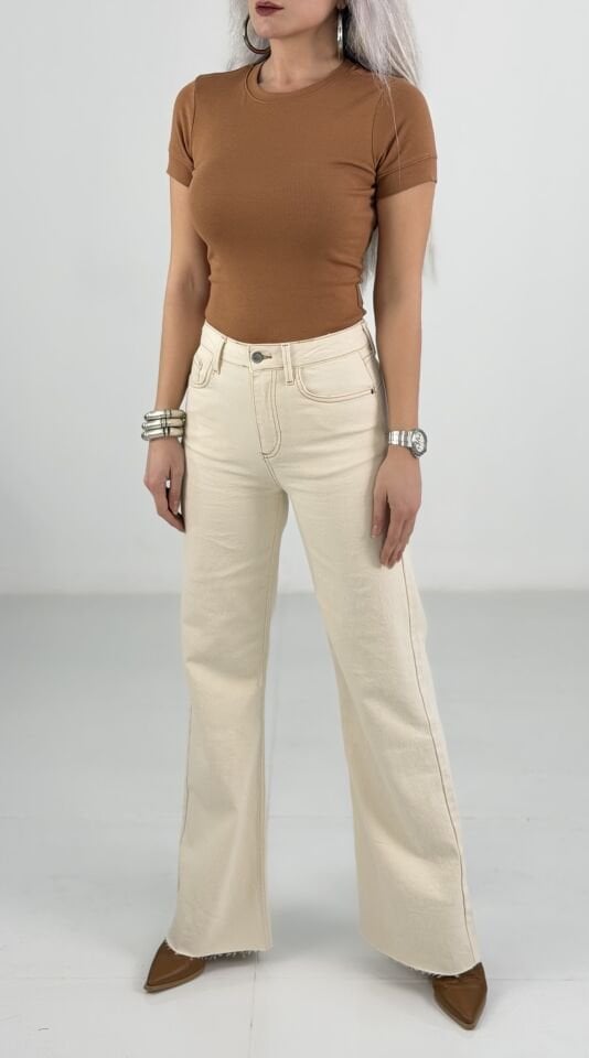 Krem Yüksek Bel Wide Leg Denim Jean Pantolon