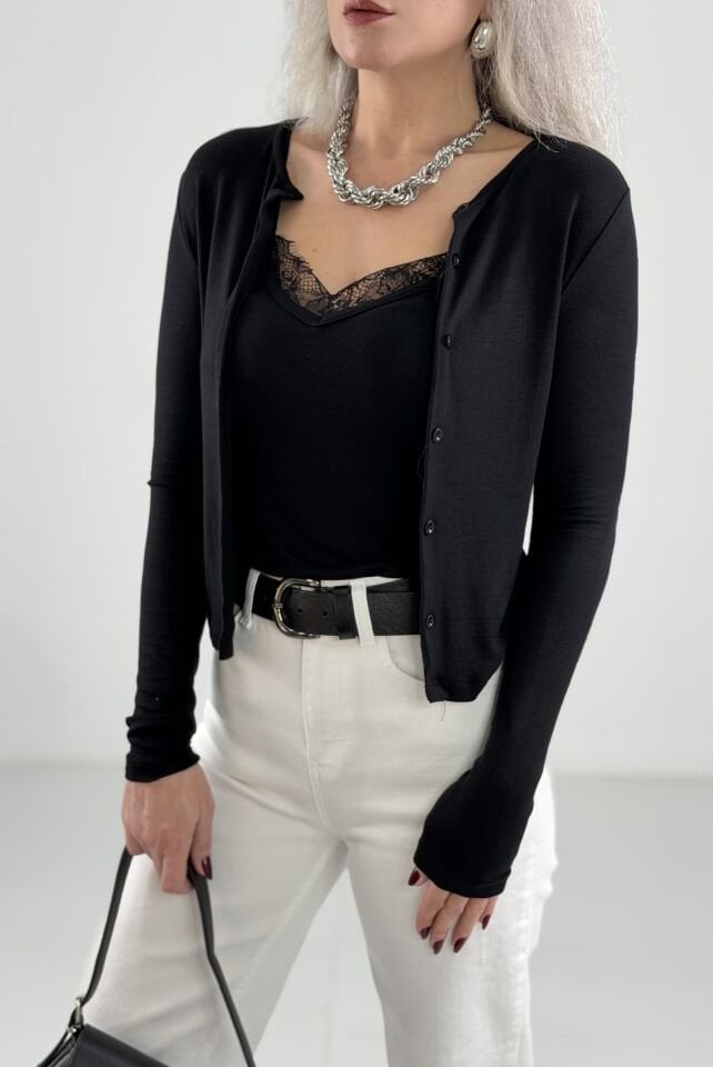 Siyah Dantel Detaylı Atlet Birleşik Hırka Bluz