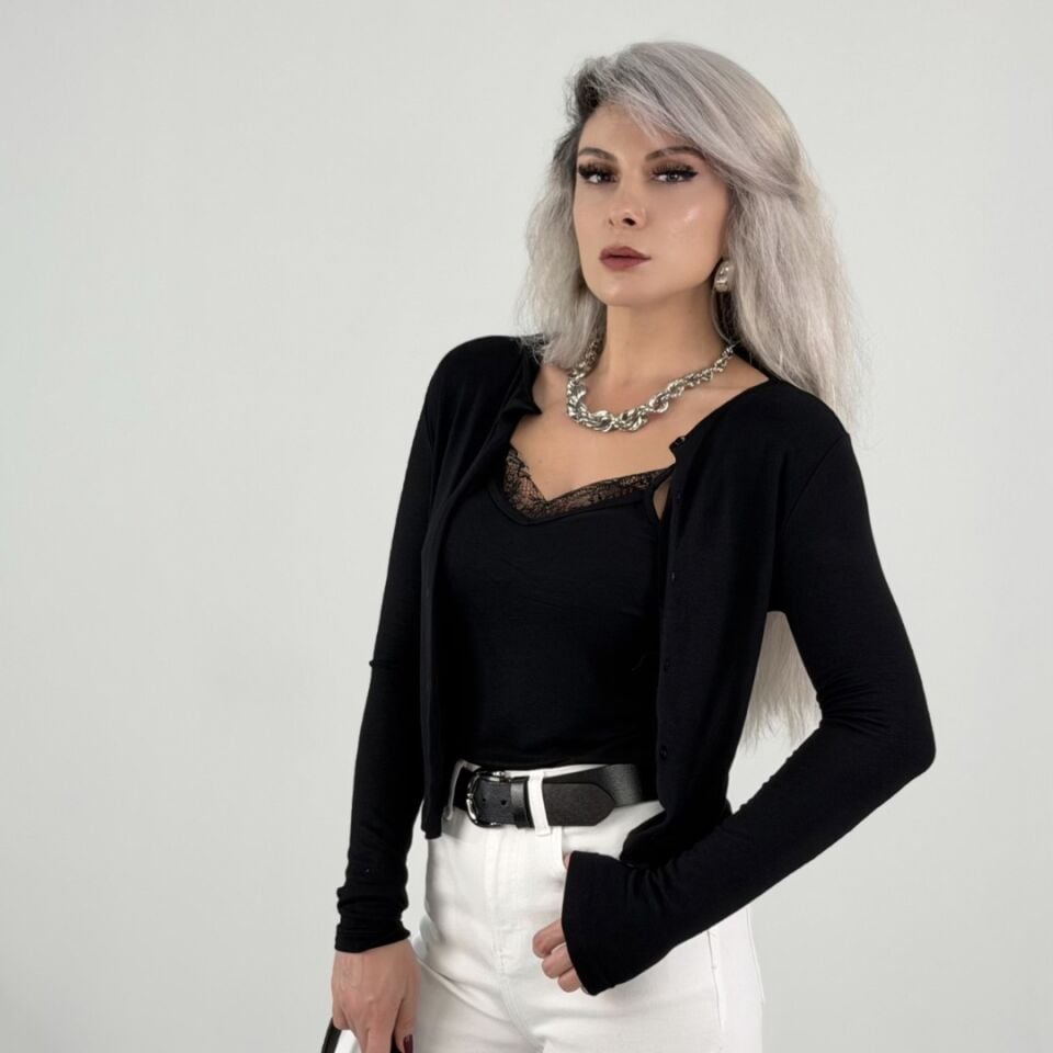 Siyah Dantel Detaylı Atlet Birleşik Hırka Bluz