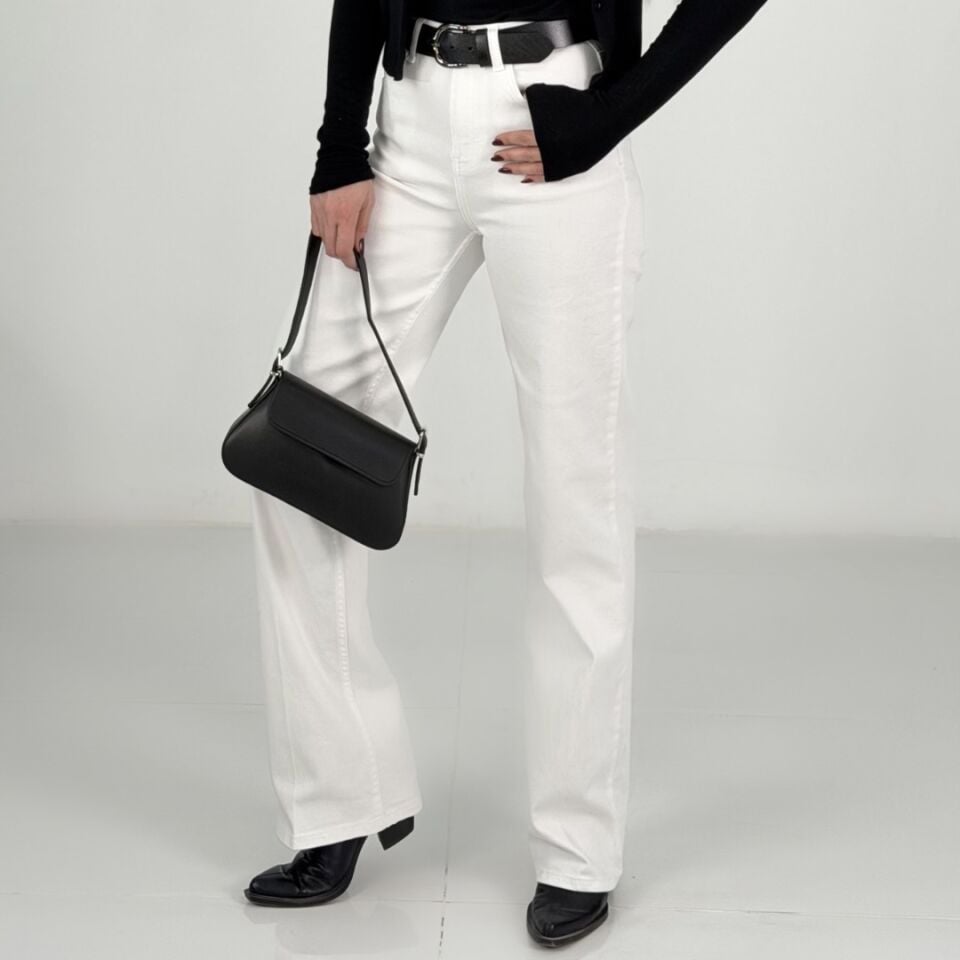 Beyaz Yüksek Bel Likralı Wide Leg Jean Pantolon