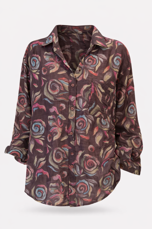 Kahverengi Desenli Salaş Transparan Gömlek