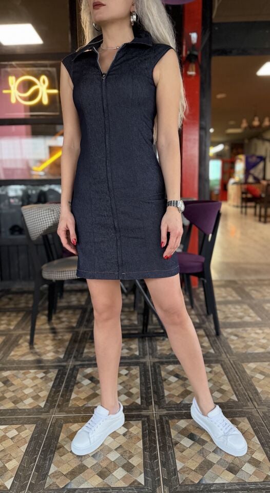 Lacivert Denim Likralı Polo Yaka Mini Elbise