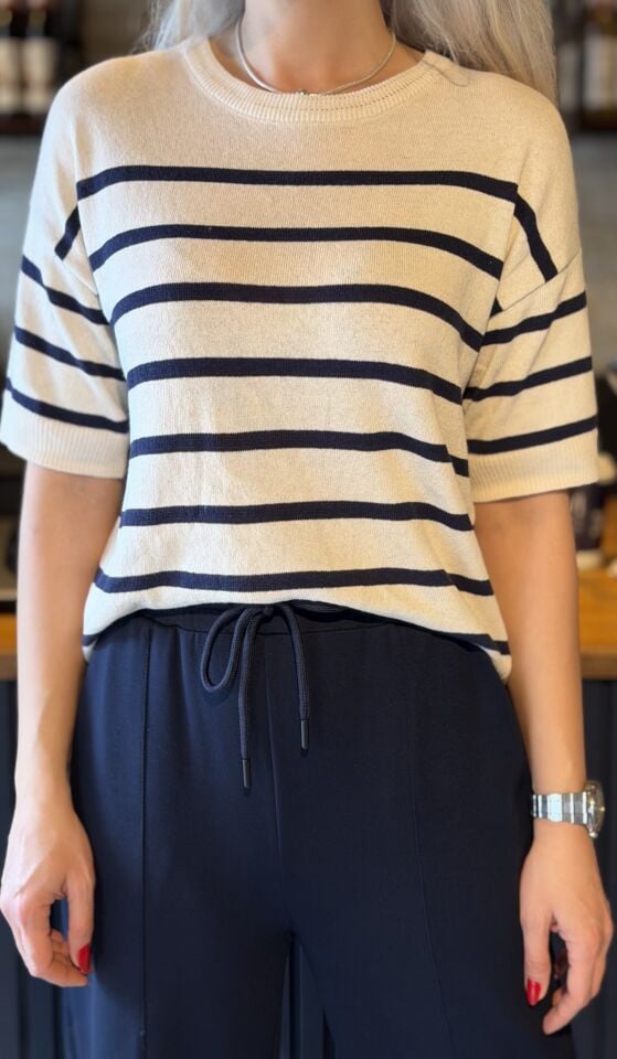 Krem Çizgili Kısa Kol Triko Bluz