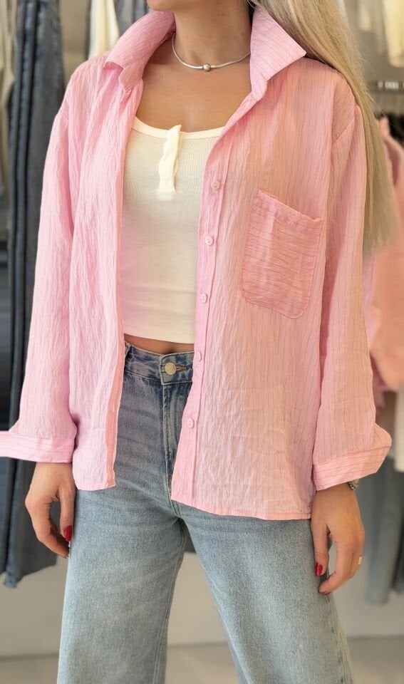 Kadın Pembe Oversize Gömlek Rahat Kesim Basic Gömlek