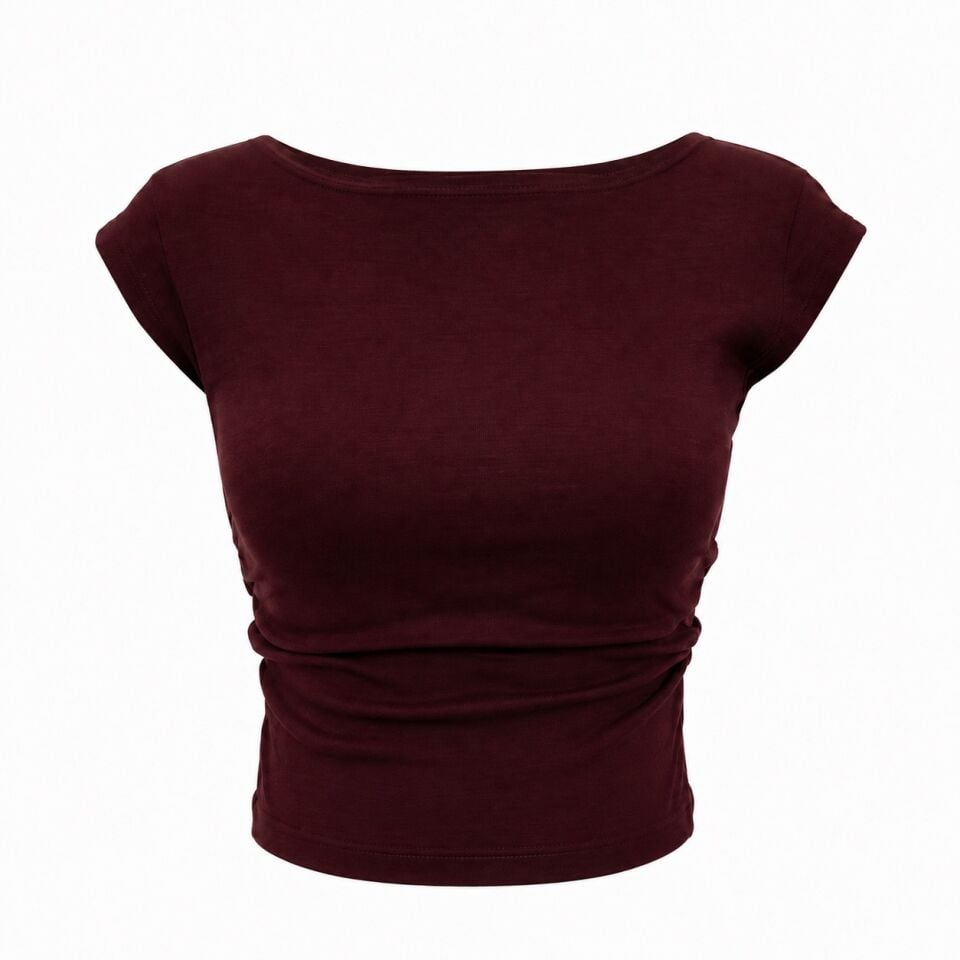 Bordo Yanları Büzgülü Kısa Kollu Crop Bluz