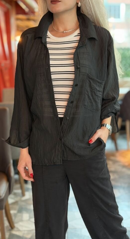 Siyah Oversize Gömlek Rahat Kesim Basic Gömlek