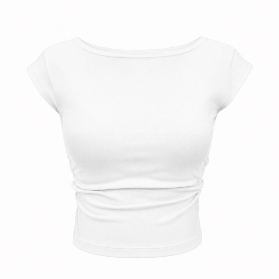 Beyaz Yanları Büzgülü Kısa Kollu Crop Bluz