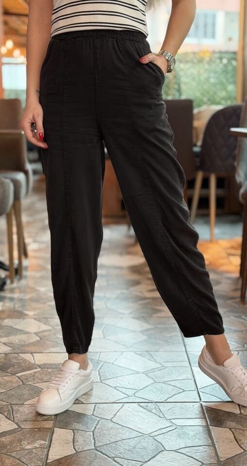 Siyah Yüksek Bel Lastikli Viscon Kumaş Pantolon