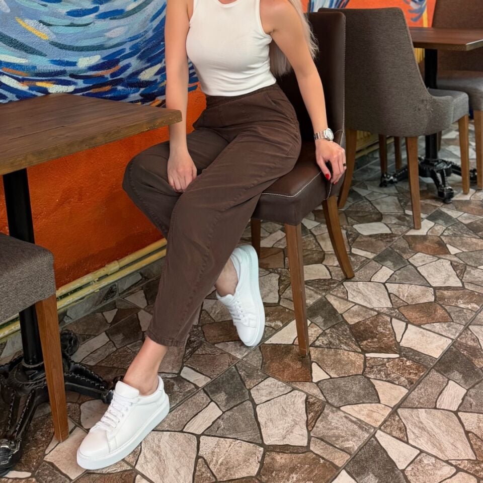 Kahverengi Yüksek Bel Lastikli Viscon Kumaş Pantolon