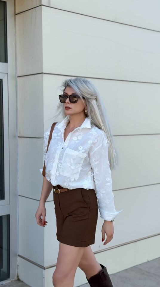 Kahverengi İnce Kemerli Yüksek Bel Şort