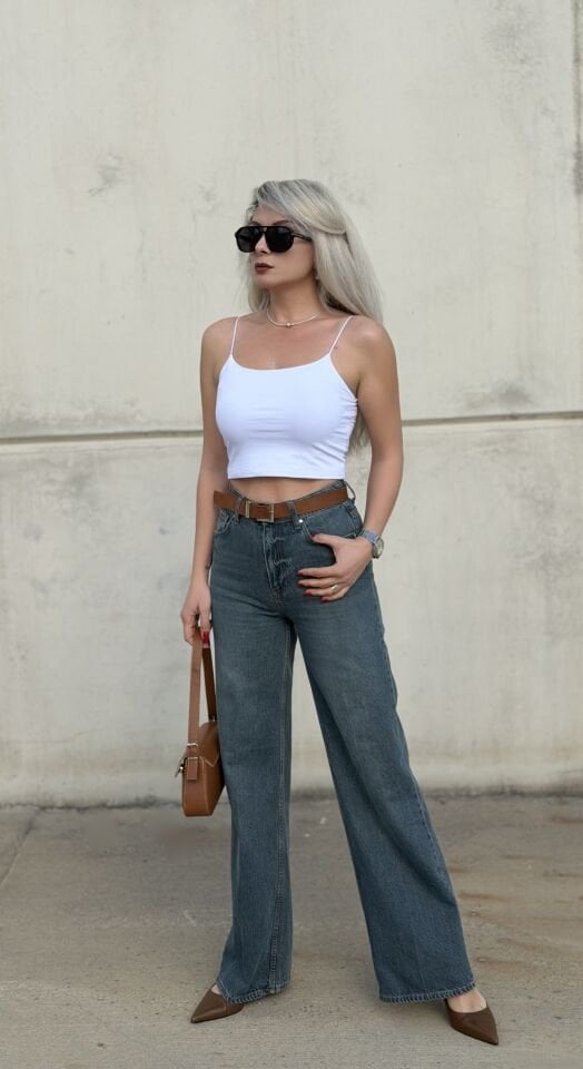 Koyu Yıkamalı Kemerli Yüksek Bel Likrasız Palazzo Jean Pantolon