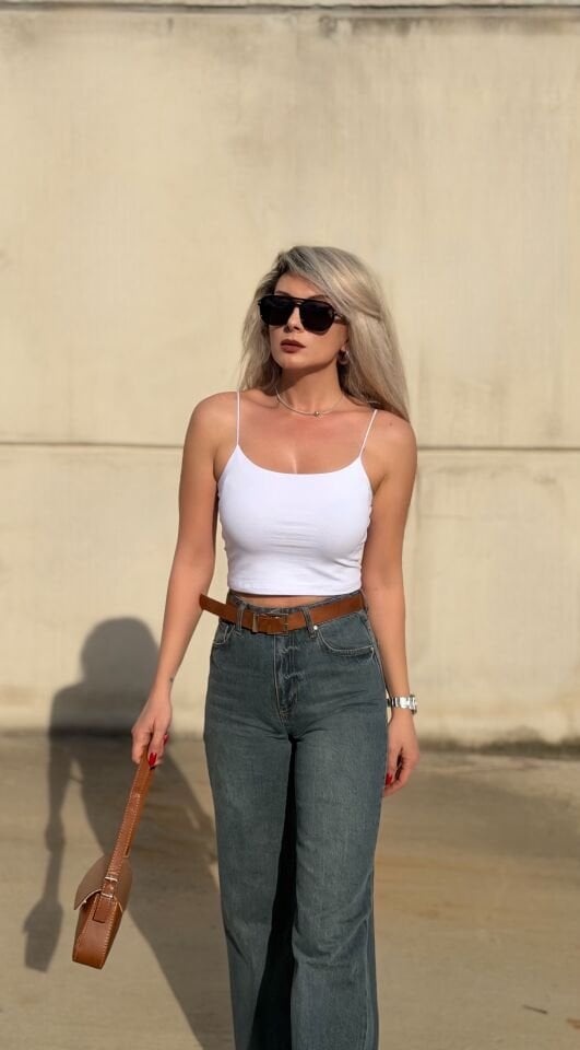 Koyu Yıkamalı Kemerli Yüksek Bel Likrasız Palazzo Jean Pantolon