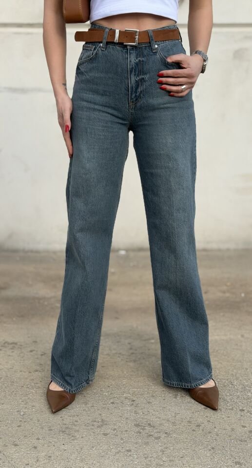 Koyu Yıkamalı Kemerli Yüksek Bel Likrasız Palazzo Jean Pantolon