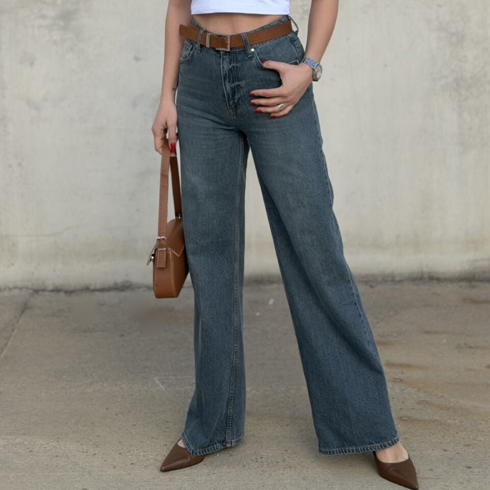 Koyu Yıkamalı Kemerli Yüksek Bel Likrasız Palazzo Jean Pantolon