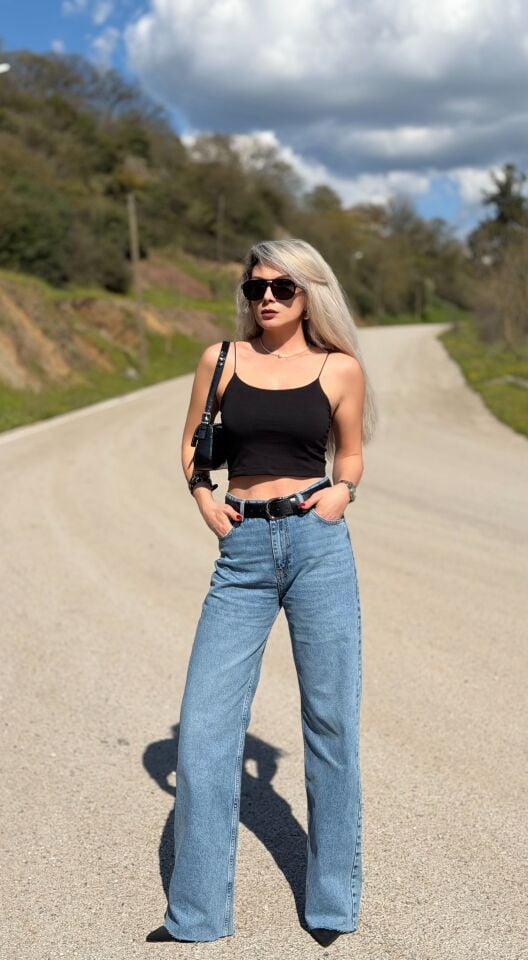 Mavi Yüksek Bel Likrasız Palazzo Jean Pantolon