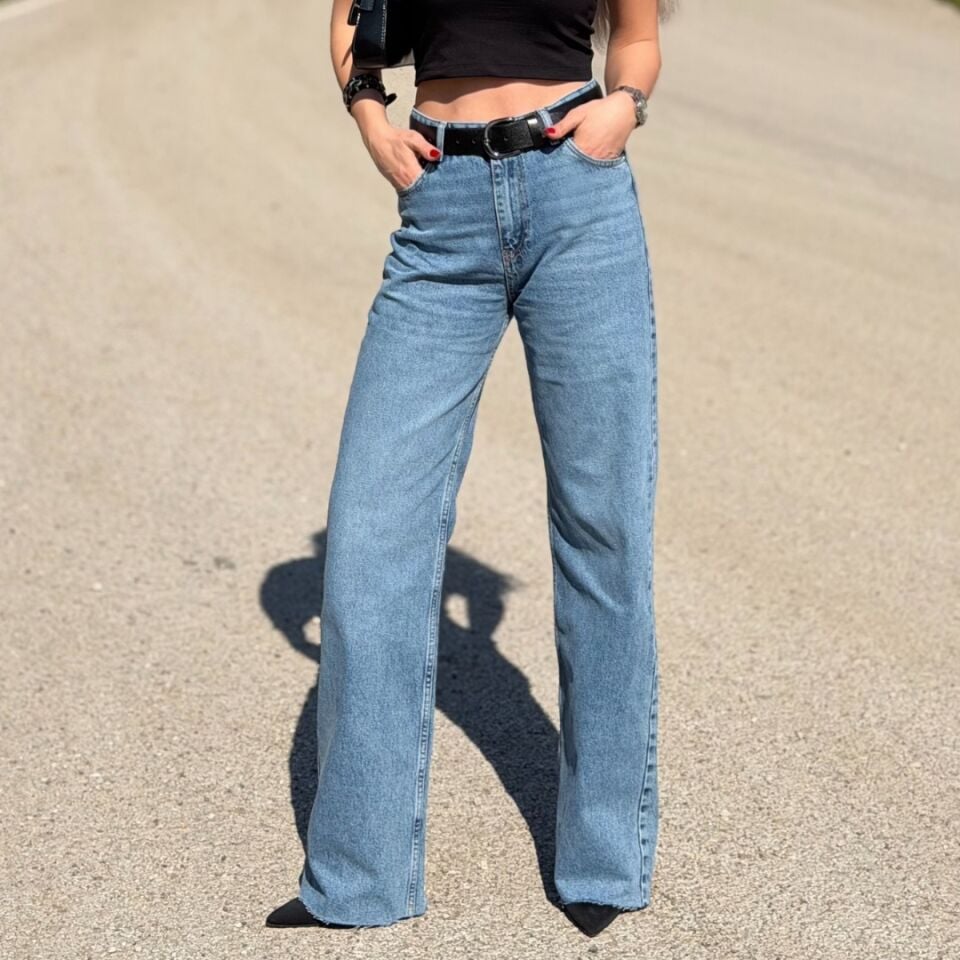 Mavi Yüksek Bel Likrasız Palazzo Jean Pantolon