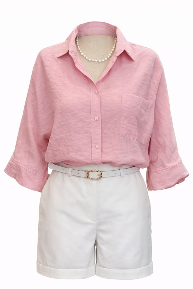 Pembe Pamuk Vizkon Yarım Kol Gömlek Bluz